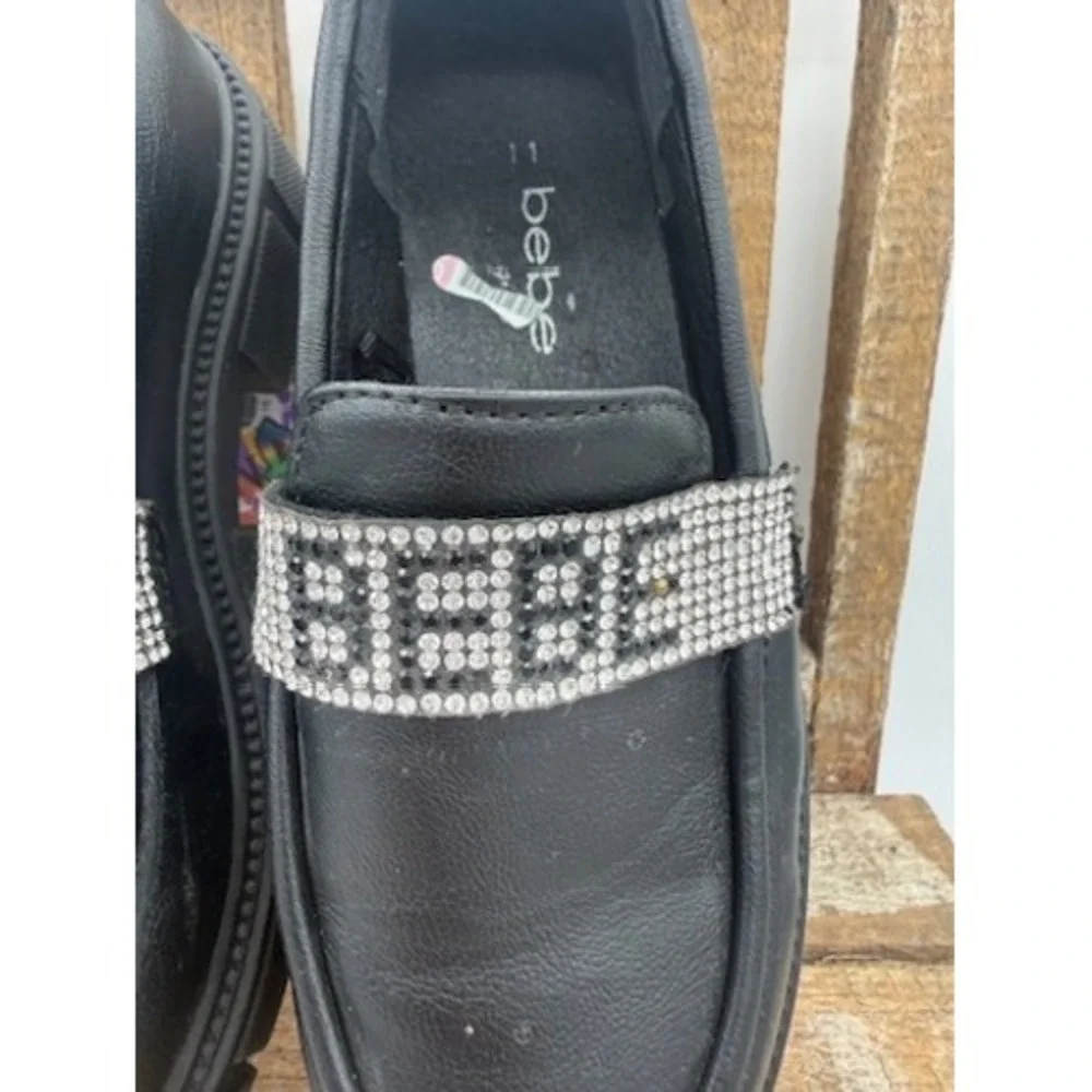 Bebe Girls Black‎ Lug Sole Loafers Rhinestone Logo Strap Size 11 Toddler Little